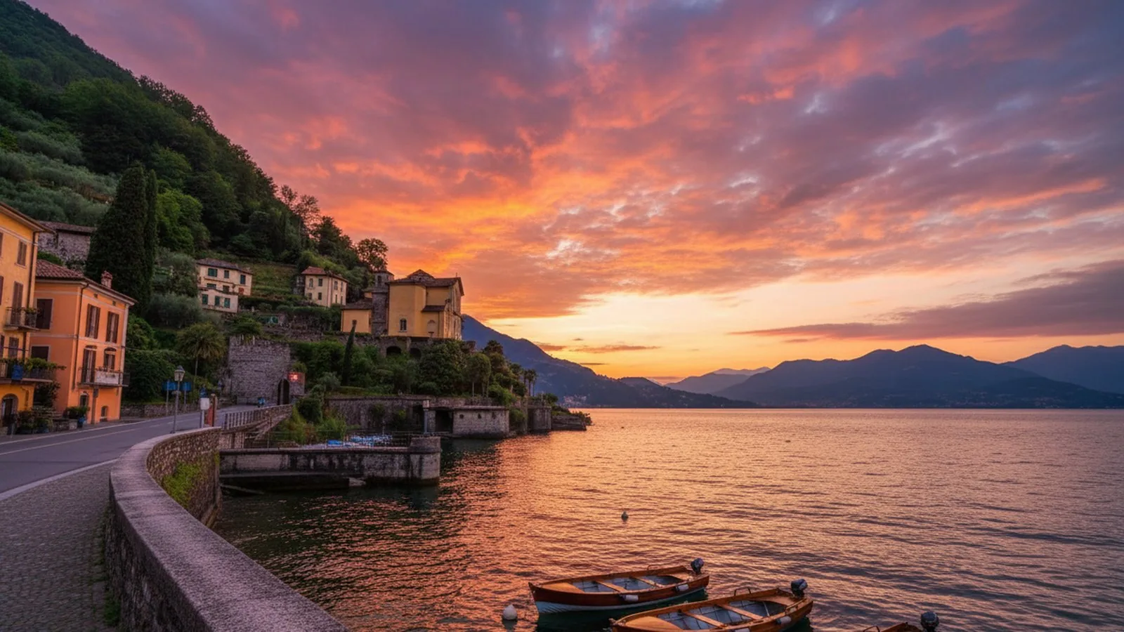 La strada che costeggia il lago all'ingresso di Maccagno, al tramonto