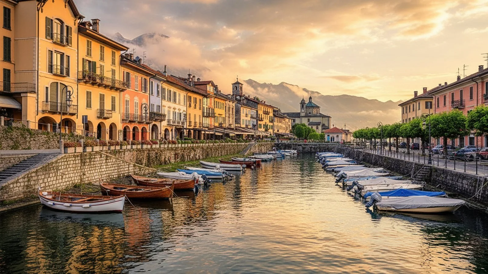 Il lungolago di Cannobio al tramonto, con le barche ormeggiate davanti ai palazzi storici